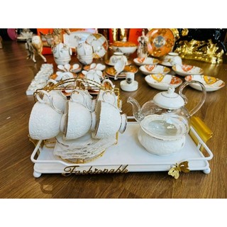 Bộ trà phòng cách Bắc Âu họa tiết hoa Hồng nổi