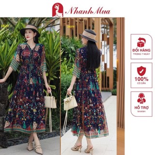 Đầm xòe xanh đen họa tiết dạng thổ cẩm-14379