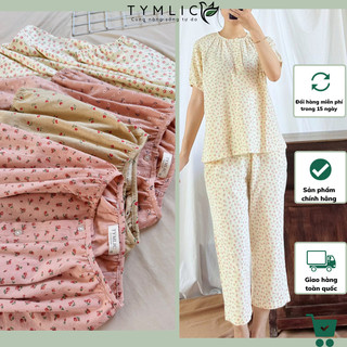 Bộ mặc nhà áo cổ tròn quần lửng chất đũi cara hoa nhí 4 màu b407 tymlic