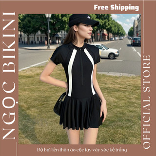 Bộ bikini đồ bơi liền thân viền Trắng dáng váy Cộc Tay khoá kéo kín đáo