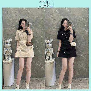 Set Bộ Thể Thao 2 Món Gồm Áo Cổ Bẻ Thêu Hoạ Tiết + Chân Váy Chữ A Chất Liệu Cotton Dày Dặn