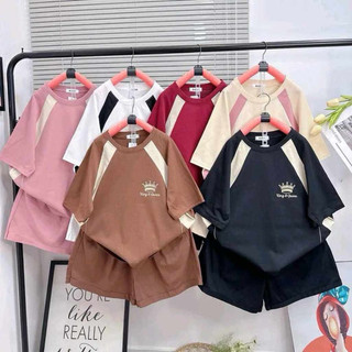   Set bộ đùi chất cotton su form rộng tay lỡ - Set thêu vương miện