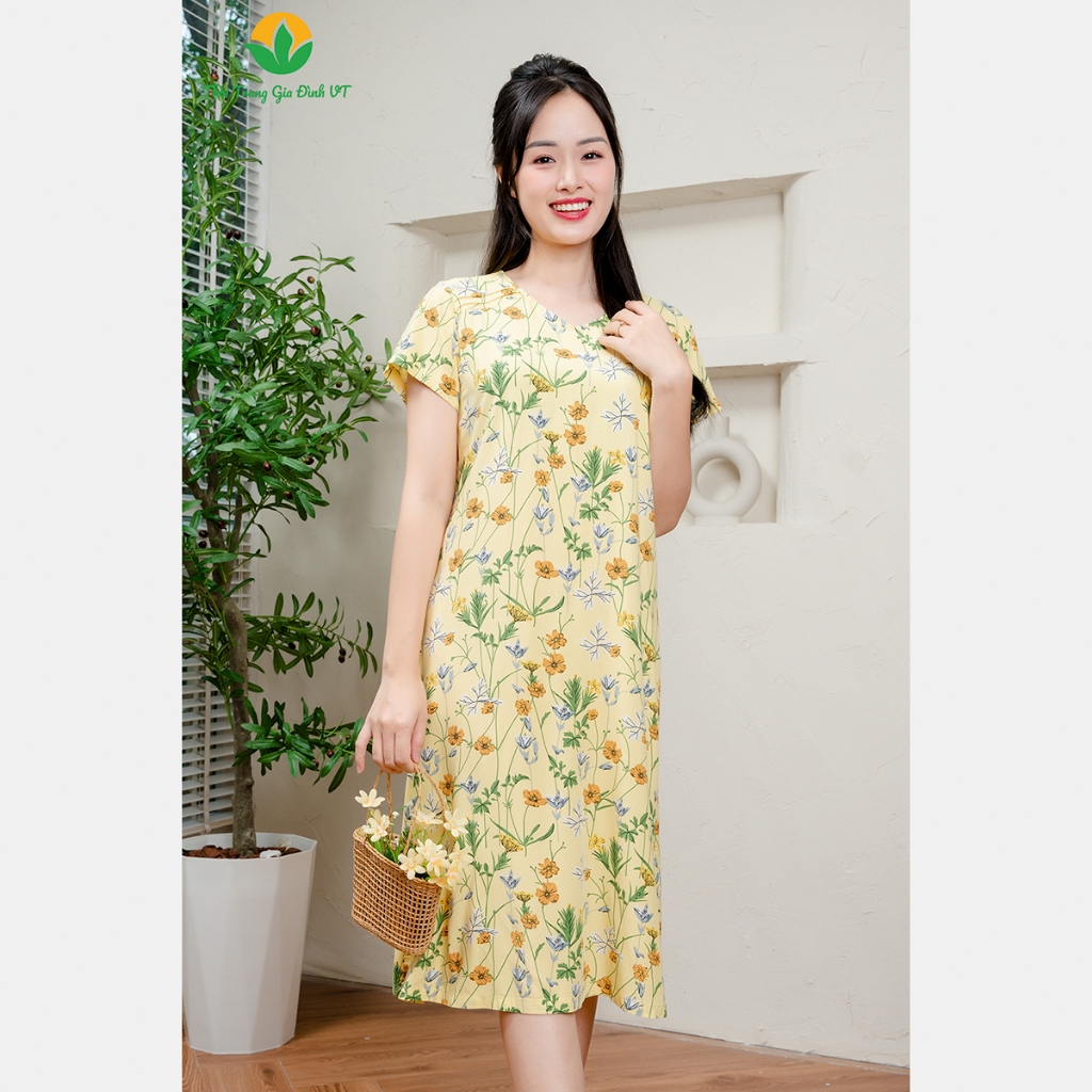 Đầm váy lanh nữ hoa cộc tay cổ V thời trang Việt Thắng - V03.2410
