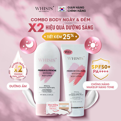 Combo Dưỡng Thể Ngày&Đêm X2 Dưỡng Da Sáng Hồng Body Whisis Premium Collagen + Glutathione Whitening Body Lotion 200ml