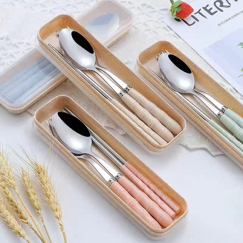 🏵️🏵️ Bộ 3 Món Thìa, Đũa, Dĩa Lúa Mạch Chất Liệu Inox 304 Không Rỉ Kèm Hộp, Bộ Muỗng dễ dàng mang theo