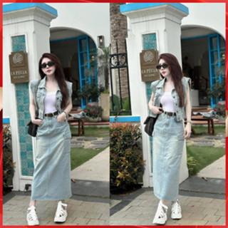 Set jean nữ áo sát nách + chân váy dài chất liệu bò mài phong cách trẻ trung