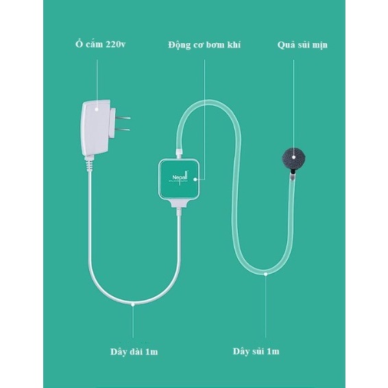 Máy sủi mini Nepall siêu êm cho bể cá - Full đồ