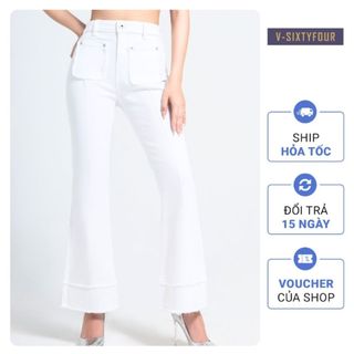 Quần Jeans Dáng Loe, Trắng Tua Rua. White Fringe Flared Jeans V-SIXTYFOUR V64- 121WN1084F1100