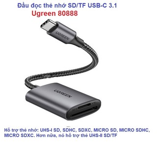 Đầu đọc thẻ SD/TF chuẩn USB Type-C Ugreen 80888 (Vỏ nhôm - hỗ trợ thẻ lên đến 2TB)