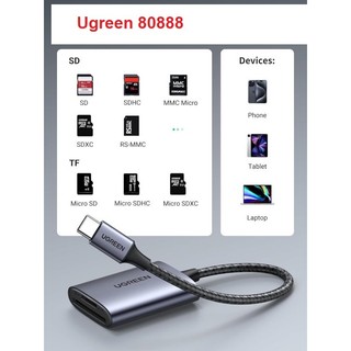 Đầu đọc thẻ SD/TF chuẩn USB Type-C Ugreen 80888 (Vỏ nhôm - hỗ trợ thẻ lên đến 2TB)