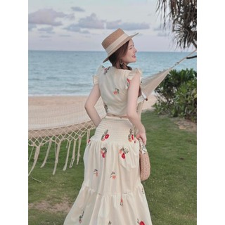 Set váy in hoa nhí đi biển sang chảnh, set áo cánh tiên in hoa nhún ngực mix chân váy dáng dài qua gối tiểu thư dx