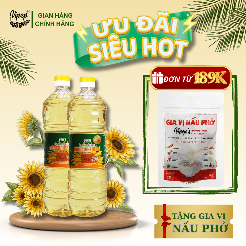 Combo 2 Chai Dầu Ăn Hướng Dương Organic Nhập Khẩu Nga Vipep Chai 1L