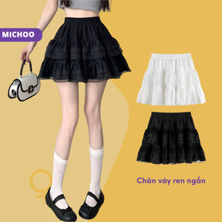 Chân Váy Ngắn 2 Tầng MICHOO Ren Dáng Xoè Nữ Tính Màu Trắng Đen