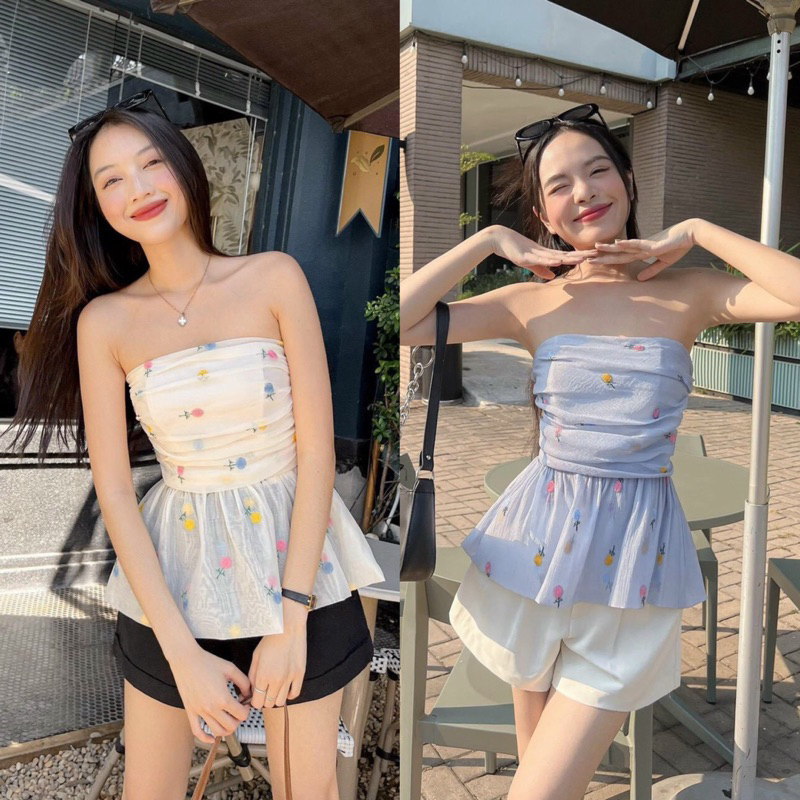 Set áo peplum cúp ngực nhún thun sau lưng kèm quần short