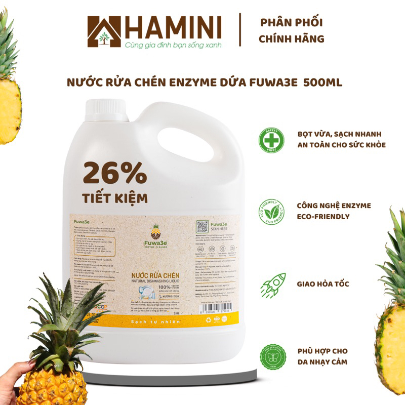 Nước rửa chén hữu cơ Fuwa3e 3,8L Nước rửa chén organic Enzyme sinh học từ dứa và bồ hòn an toàn cho 