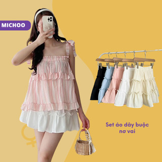 Set Đũi Áo Kèm Chân Váy Tầng MICHOO Nơ Vai Viền Bèo Nữ Tính