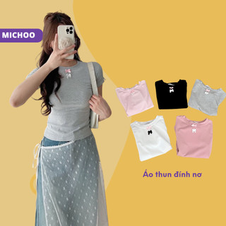 Áo Thun Nữ Cộc Tay Cổ Tròn MICHOO Babytee Phối Nơ Trẻ Trung