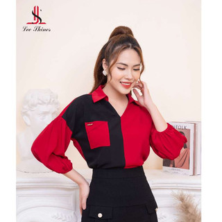Áo sơ mi dài tay phối 2 màu Lee Shines, áo freesize cổ côn tim sang trọng, vải lụa nhật mềm mại