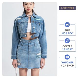 Áo Khoác Denim Thêu Zigzag. Zigzag Distressed Denim Jacket V-SIXTYFOUR V64 - 121WD1044A1930