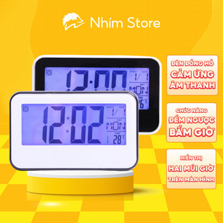 Đồng hồ báo thức màn hình LED LCD, đồng hồ báo thức cảm biến bật đèn bằng âm thanh, có tính năng bấm giờ, đo nhiệt độ