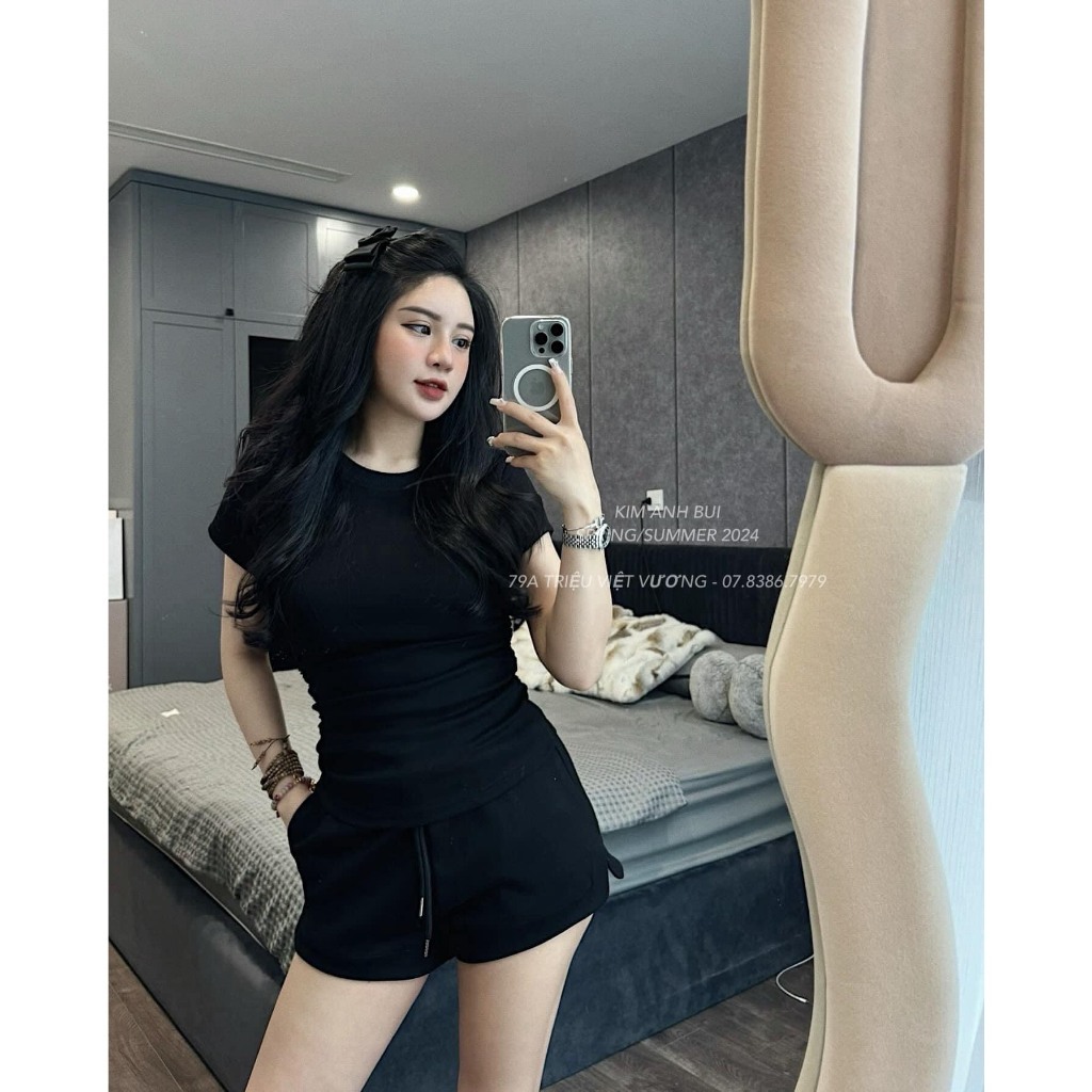 Set Bộ Đồ Nữ Áo Thun Body Chun Eo Mix Quần Đùi Cạp Dây Rút Dáng Freesize
