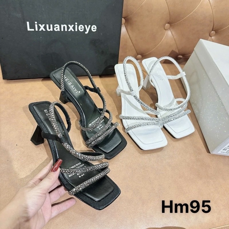 Sandal cao gót đế nhọn 7P dây quai xoàn cực sang chảnh chuẩn size 2 màu đen trắng mã HM95