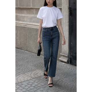 Quần Jeans Nữ HASHTAGEM High Rise Straight Jeans HSJ.6 Ống Đứng, Lưng Cao, Chất Cotton, Màu Xanh Đậm