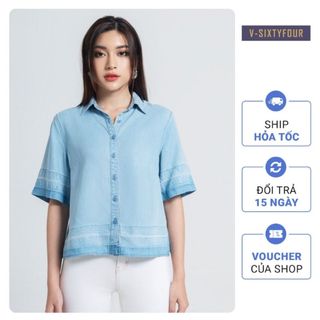 Áo Sơ Mi Nữ Màu Xanh "Sóng Biển". Ocean Wave Tencel Shirt V-SIXTYFOUR V64- 121WD2033F2910