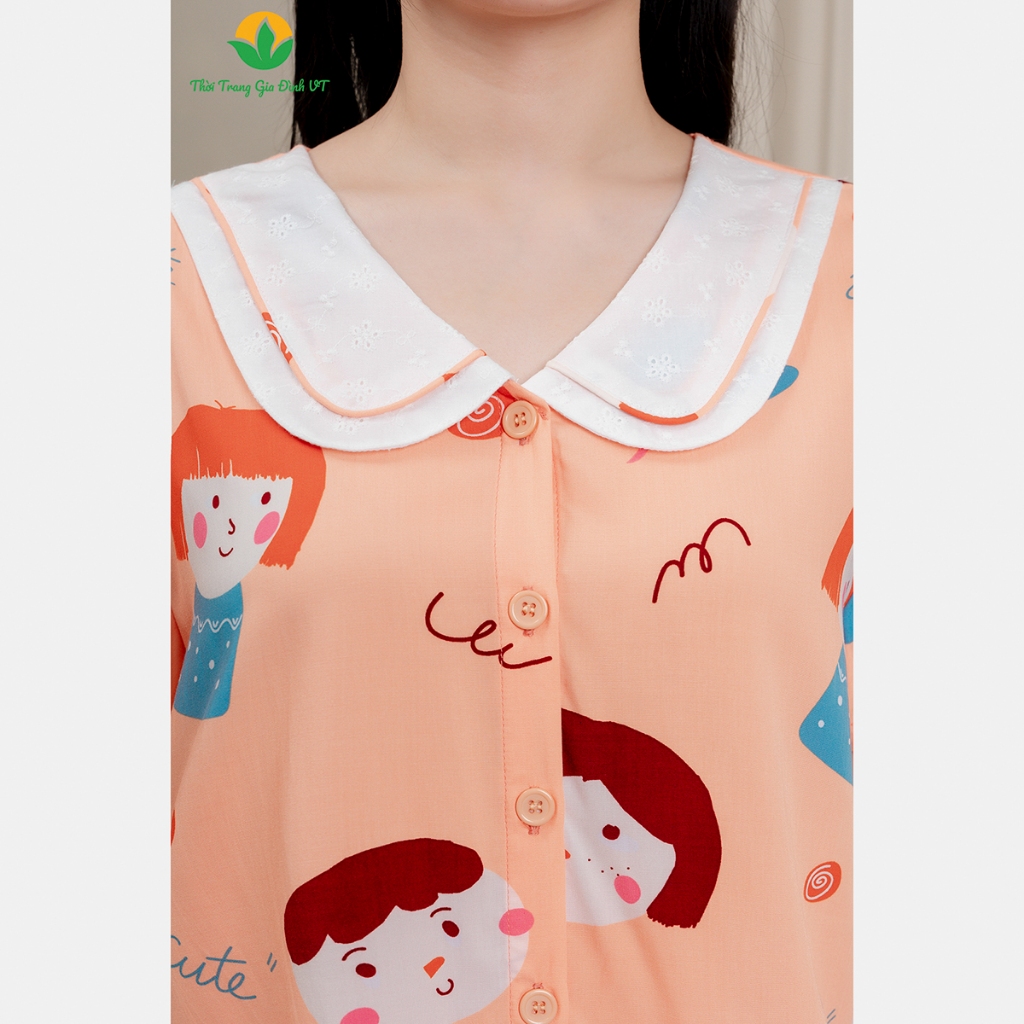 Bộ mặc nhà lanh nữ quần đùi áo cộc tay cổ sen phối họa tiết dễ thương thời trang Việt Thắng B03.2407