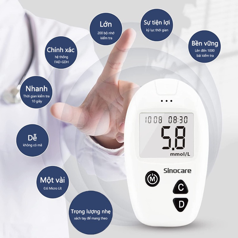 Máy Đo Đường Huyết Sinocare Safe Accu (tặng kèm 25 Que + 25 kim trích máu)