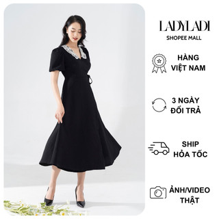 Váy đen dài tay bồng phối cổ ren LADI chất vải gấm ô sang trọng, quý phái NDA05