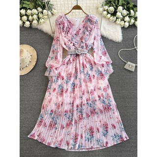 #4862 [Order] Đầm váy thời trang nữ Quảng Châu xếp ly hoa nhí kèm đai 6 màu siêu xinh