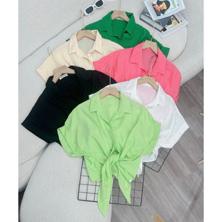 Áo sơ mi croptop cột xinh xắn phom rộng vừa, sơ mi nữ dáng lửng cột freesize
