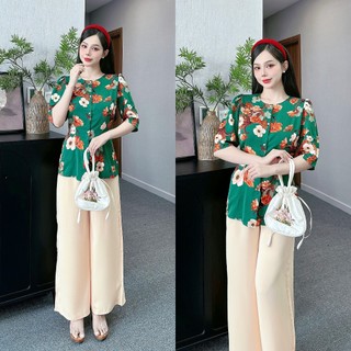 Set bộ đồ bà ba nữ ANH MỸ, áo cách tân bigsize tay lỡ cổ tròn mix quần lụa họa tiết hoa nhí