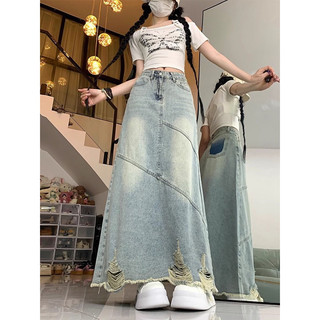 Chân váy denim dáng dài cạp cao màu nhuộm nhạt viền rách kiểu dáng Hàn Quốc hàng qccc thời trang nữ