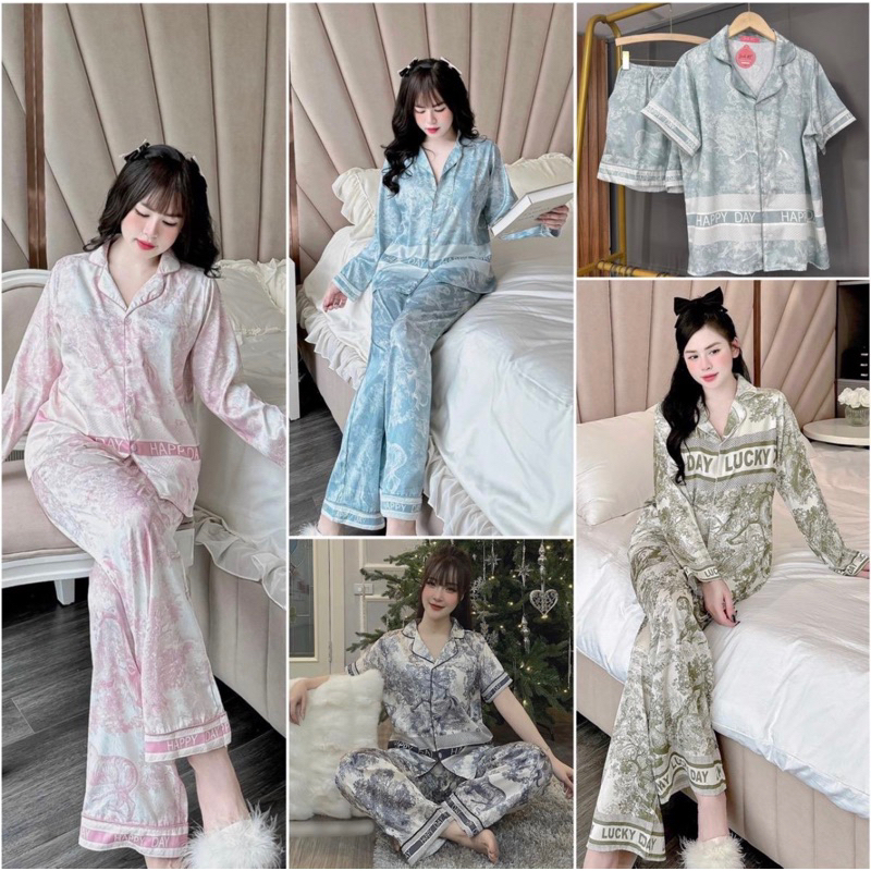 (Hình thật) Set Đồ bộ Pijama - Bộ lụa xước mặc nhà happy day