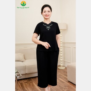 Bộ mặc nhà trung niên Việt Thắng chất Lanh tole quần lửng, áo cộc tay cổ V thêu -  B26.2411