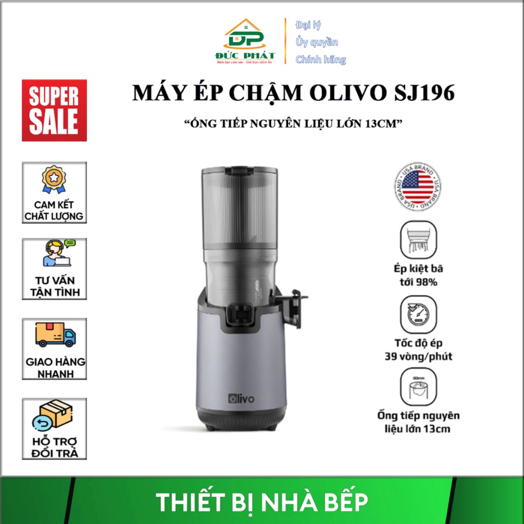 Máy Ép Chậm OLIVO SJ196 – Ép Trái Cây Nguyên Quả – Ép Kiệt Bã 98%, Ống Tiếp Nguyên Liệu Lớn 13cm