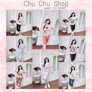 Đồ bộ mặc nhà đồ ngủ lụa cổ tròn quần lửng hoạ tiết dễ thương_freesize dưới 58kg