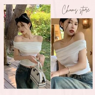 Áo thun nữ ngắn tay trễ vai CHOMS  cotton vạt ngang đơn giản basic màu đen trắng