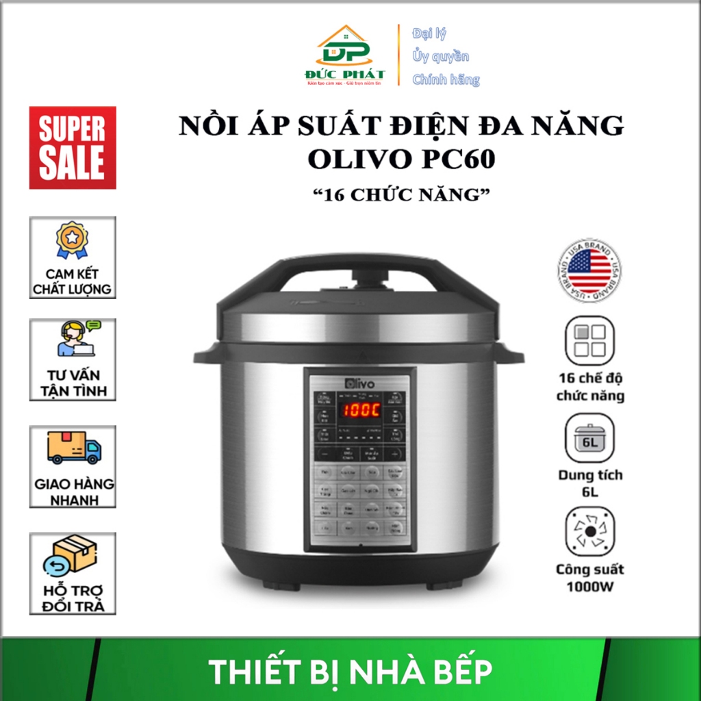 Nồi Áp Suất Điện Đa Năng OLIVO PC60, 16 Chức Năng, Dung Tích 6 lít, Công Suất 1000W, Hẹn Giờ