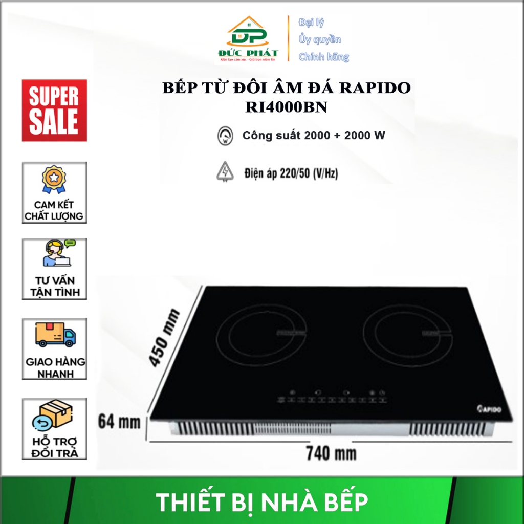 Bếp từ đôi âm đá Rapido RI4000BN 9 cấp độ công suất, 2 vùng bếp nấu công suất 2000W + 2000W