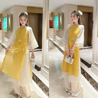 Áo dài cách tân Vàng Anh thêu hoa nổi đẹp, vải von tơ mềm mại phù hợp đi sinh nhật, lễ tết