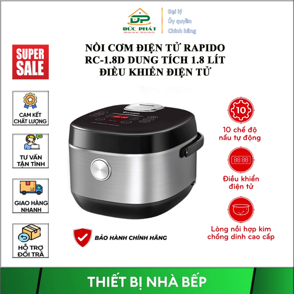 Nồi cơm điện tử Rapido RC-1.8D 1.8 lít, Cs 900W, Điều khiển điện tử, Lòng nồi hợp kim chống dính