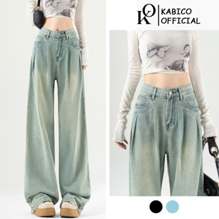 Quần jean nữ dài ống rộng, quần jean nữ KABICO xếp ly cạp cao dáng rộng_K63