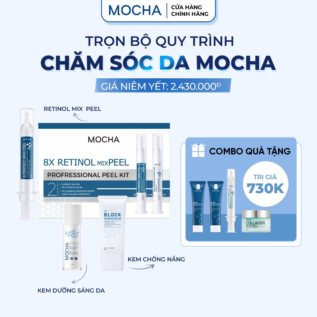 Trọn Bộ Sản Phẩm Chăm Sóc Da Chính Hãng Mocha Gồm (1 Peel Da + 1 Kem Dưỡng Phục Hồi + 1 Kem Chống Nắ
