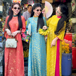 Áo dài cách tân dáng suông xưa, áo dài suông may sẵn dự tiệc cưới, lễ, tết đẹp chụp ảnh sang trọng