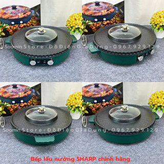 Nồi lẩu điện nướng sharp ks-2811 đa năng hàng chính hãng, nồi lẩu điện nướng sharp 2 in 1 phủ vân hoa đá xanh huy store