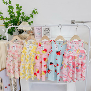 Đầm váy sát nách mùa hè chất lanh mát hoạ tiết đáng yêu cho bé gái