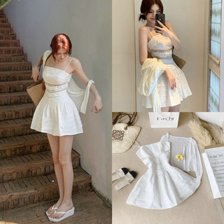 SET ĐẦM KAKI 2S CÚP NGỰC KÈM KHOÁC CROP CỔ SEN PHỐI 🎶
